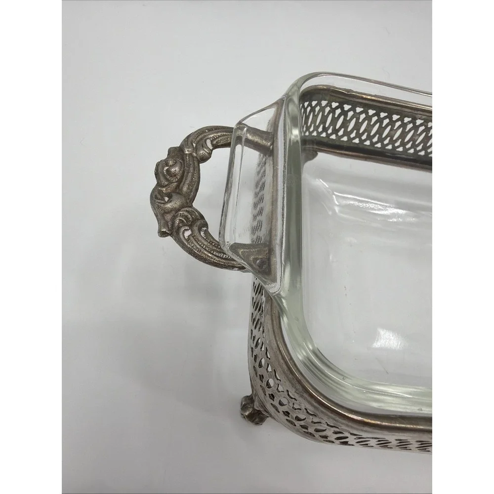 PYREX PLATE W SILVER HOLDER BREAD OR MEAT LOAF GLASS DISH - 10 Qt Dish